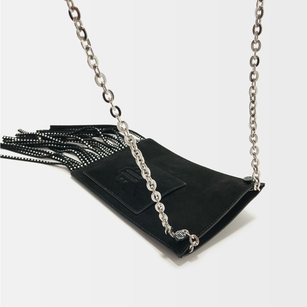 Maje Black Leather Fringe Chain Strap Phone Bag - Picture 4 of 5